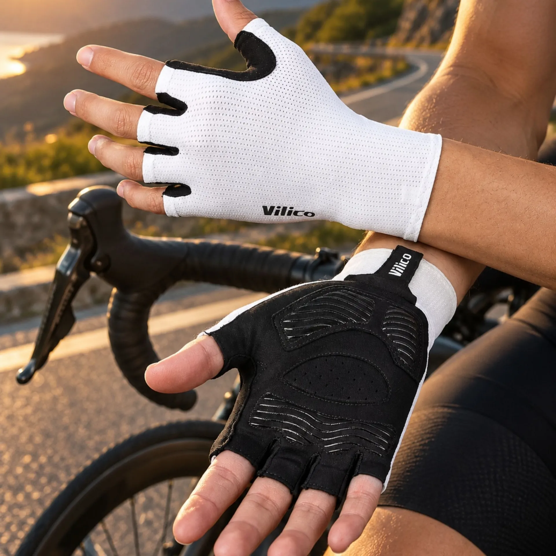 Luva de ciclismo aero A0106 meio dedo preta e branca em mesh - Imagem 3
