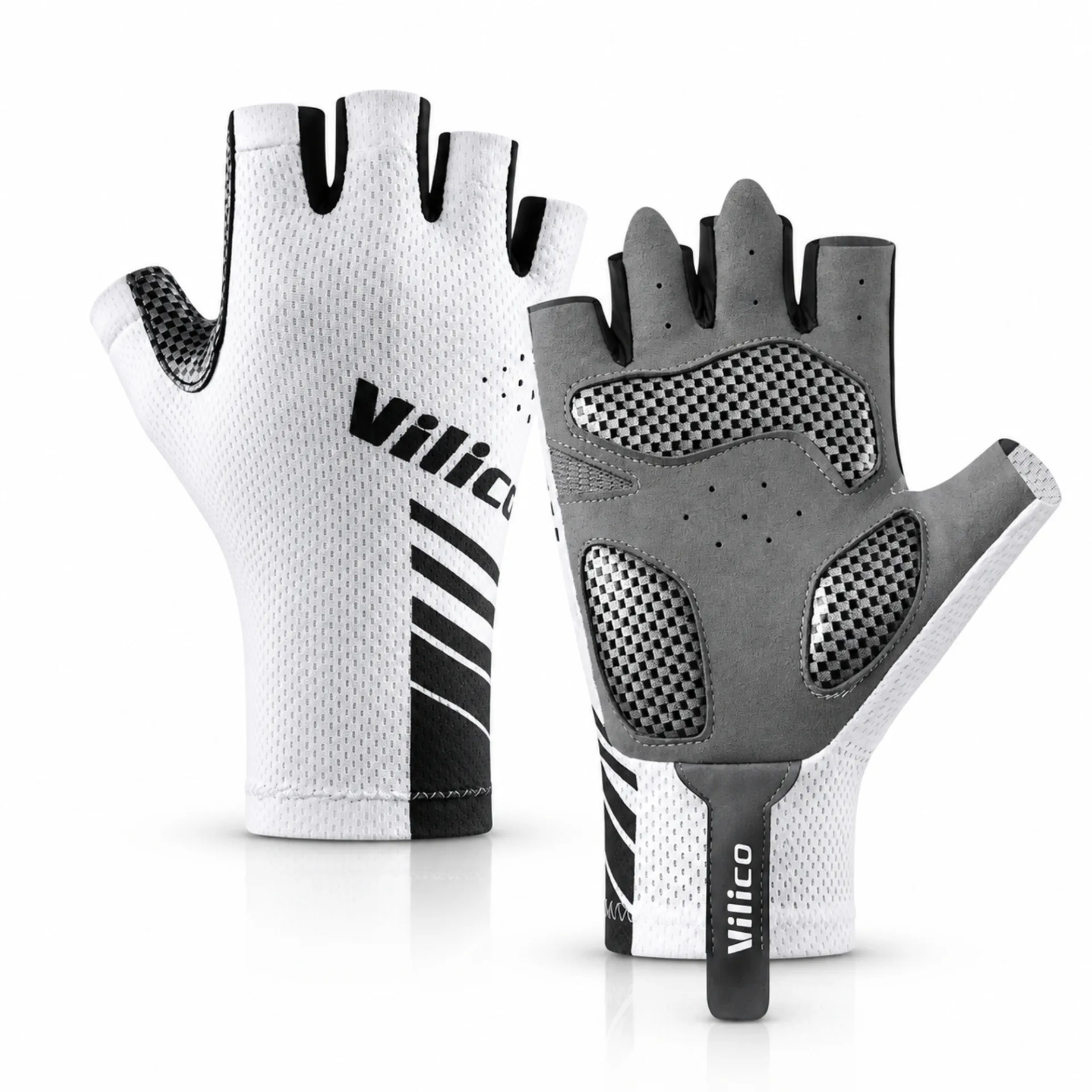 Luva de ciclista aero dedo curto A0132 branca com grip de silicone e punho elástico.