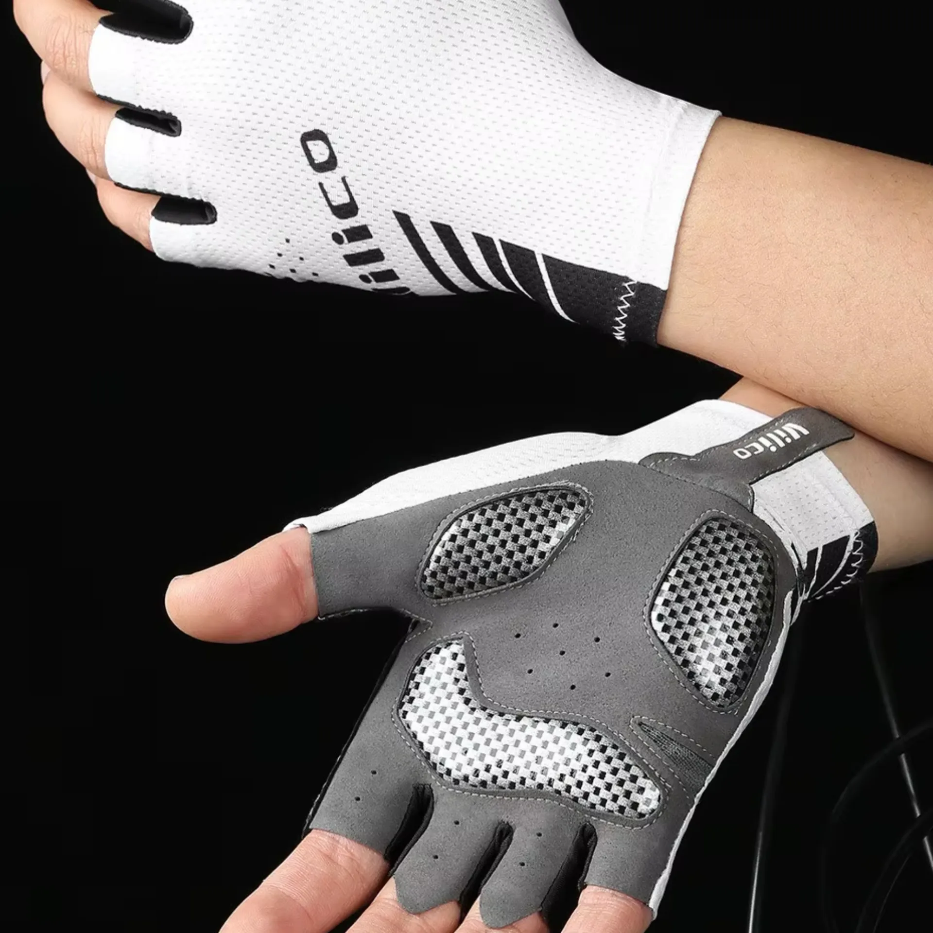 Luva de ciclista aero dedo curto A0132 branca com grip de silicone e punho elástico. - Imagem 2